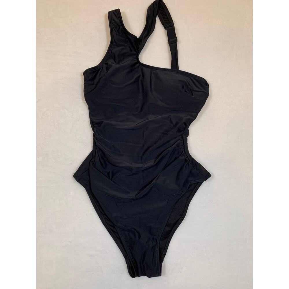 NWT Cupshe Black One Shoulder One Piece Swimsuit Ruched Sz XS